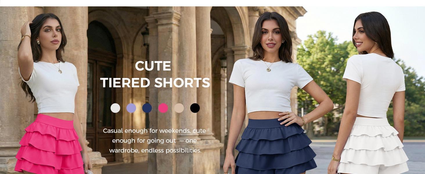 Fisoew Womens Summer Mini Skirts Casual Ruffle Tiered High Waisted Y2K Skorts Yoga Tennis Skirt Built-in Shorts & Pockets