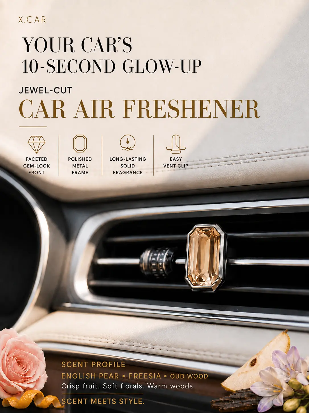 Car Air Freshener Set with 4 Scent Pads, Faceted Crystal-Look Air Vent Clip, Jewelry-Inspired Car Interior Decor for Daily Commutes, Road Trips & Everyday Driving, Gift Box Included, Modern Car Scent Diffuser for New Car Gifts, Car Vent Fragrance Diffuser