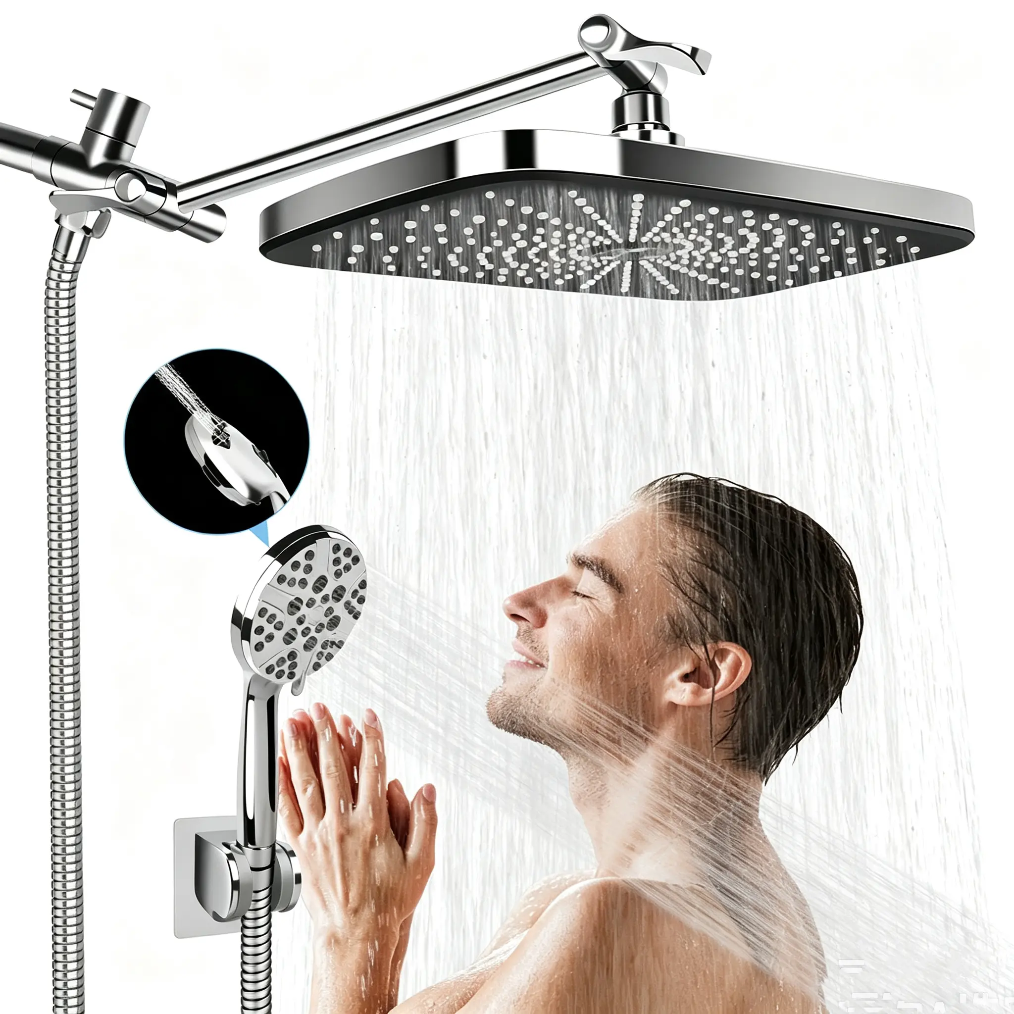 12” High-Pressure Rain Shower Head Combo with Handheld Sprayer, Adjustable Extension Arm, Anti-Clog Nozzles, 3+5+2 Spray Modes (Rain to Mist, Adjustable & Anti-Clog Showerheads & Hand Sprayers), Rain+Hand Sprayer