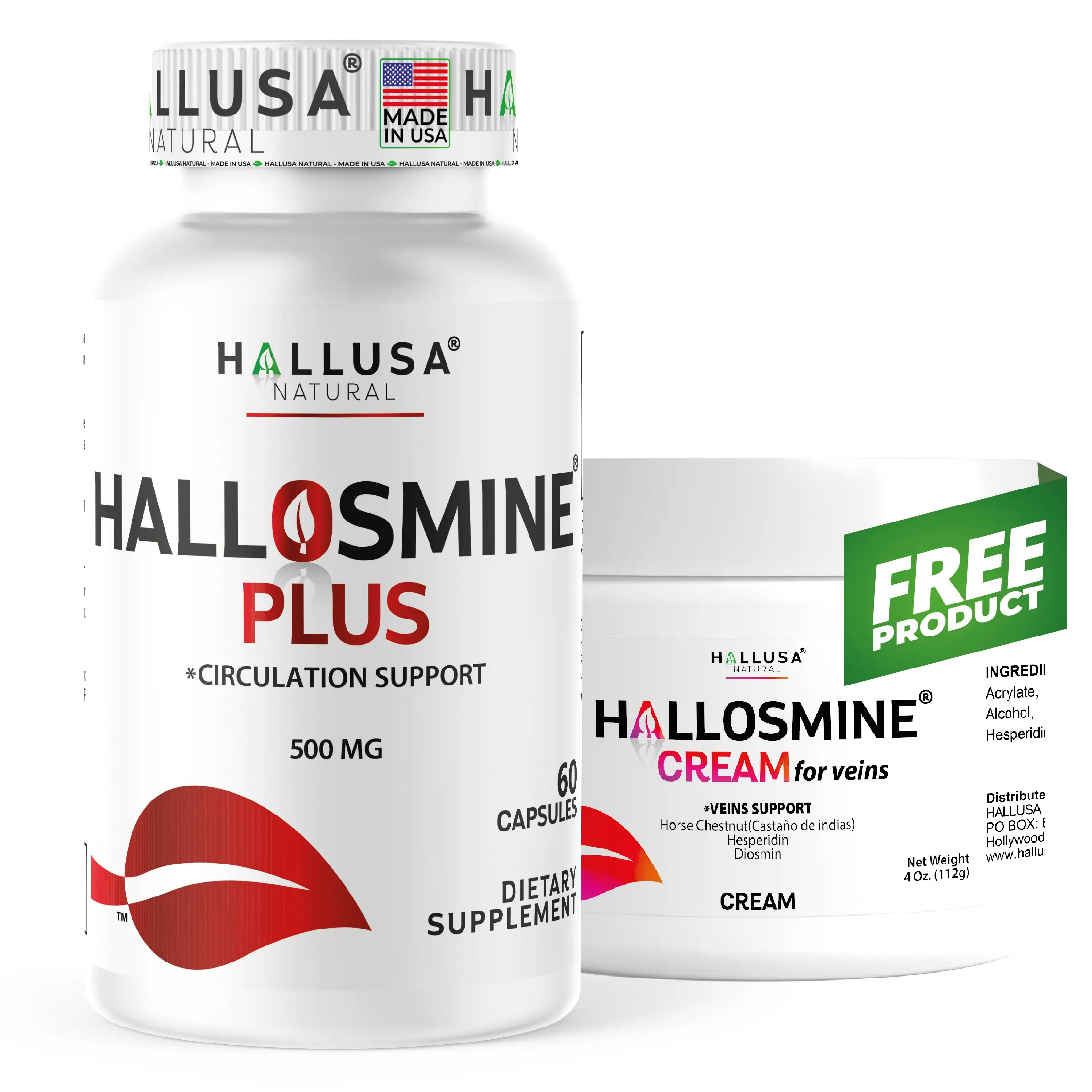 HALLUSA NATURAL HALLOSMINE PLUS Healthcare Dietary Supplement Capsules (500mg x 60) - GMP Certified, High-Purity Diosmin, Hesperidin, Sugar-Free, Blood Flow Support, Non-GMO, Gluten-Free, Made in USA, Adult Leg Support with Circulation Vein Cream Bonus