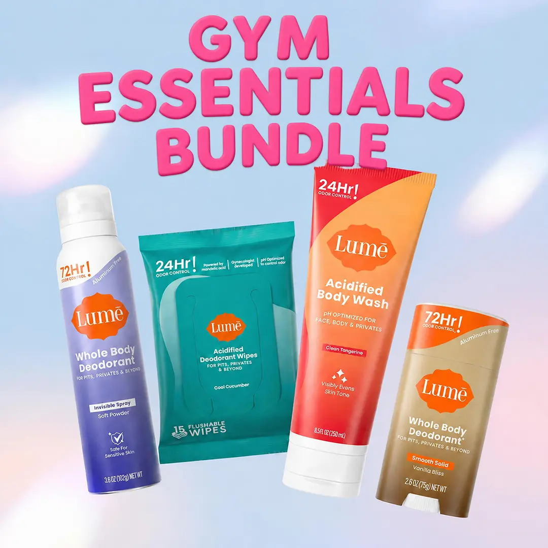 Lume Gym Essentials Bundle: Whole Body Deodorant Stick & Spray, Deodorizing Body Wipes, Acidified Body Wash