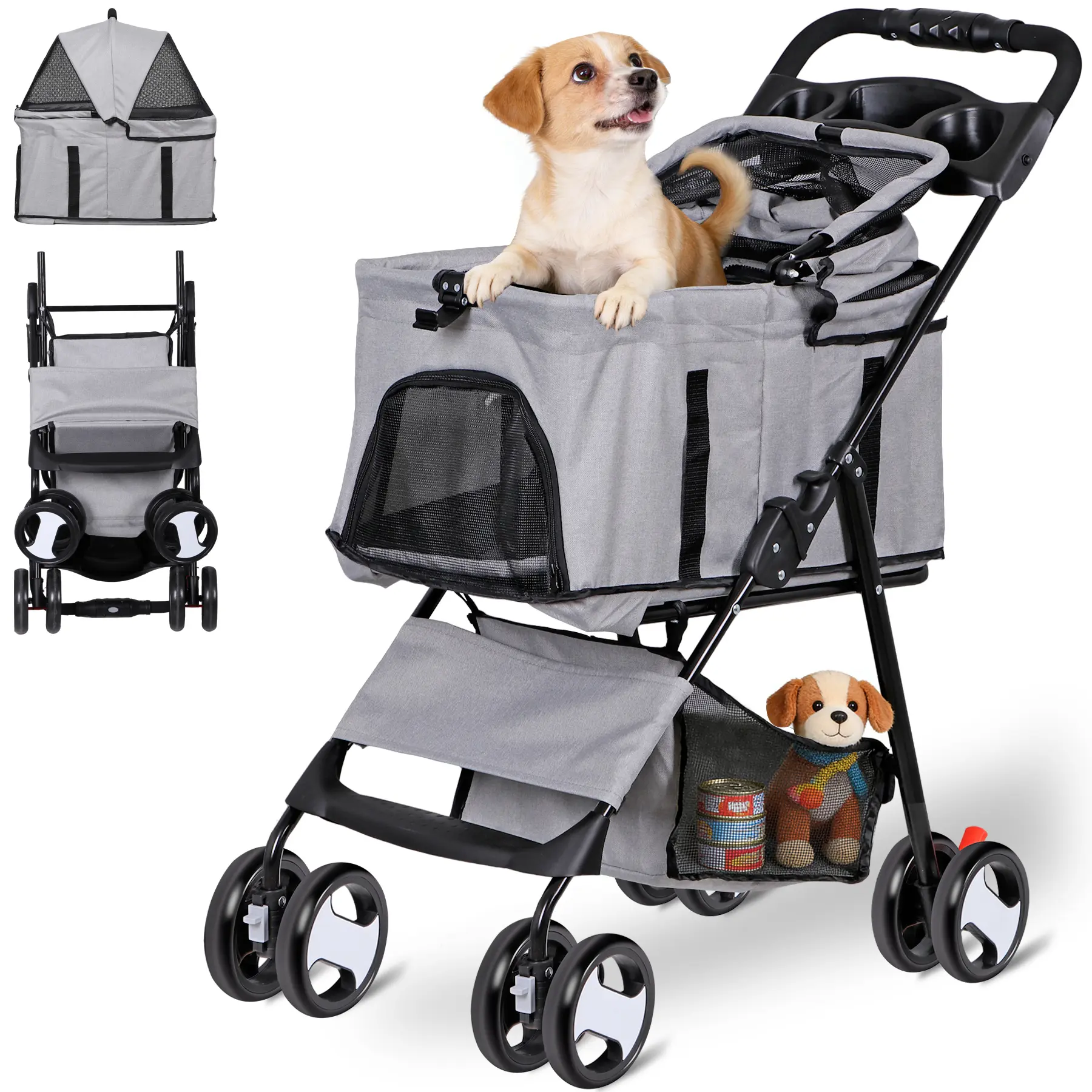 Pet Republic 3-in-1 Foldable Oxford Fabric Pet Stroller with Detachable Carrier, 4-Wheel Stability, Breathable Seat Covers, Buckle, Storage Basket, Cup Holder, 36''L x 14.4''W x 40''H for Small Dogs & Cats (Gray, Ideal for Walks), 360° Swivel Wheels