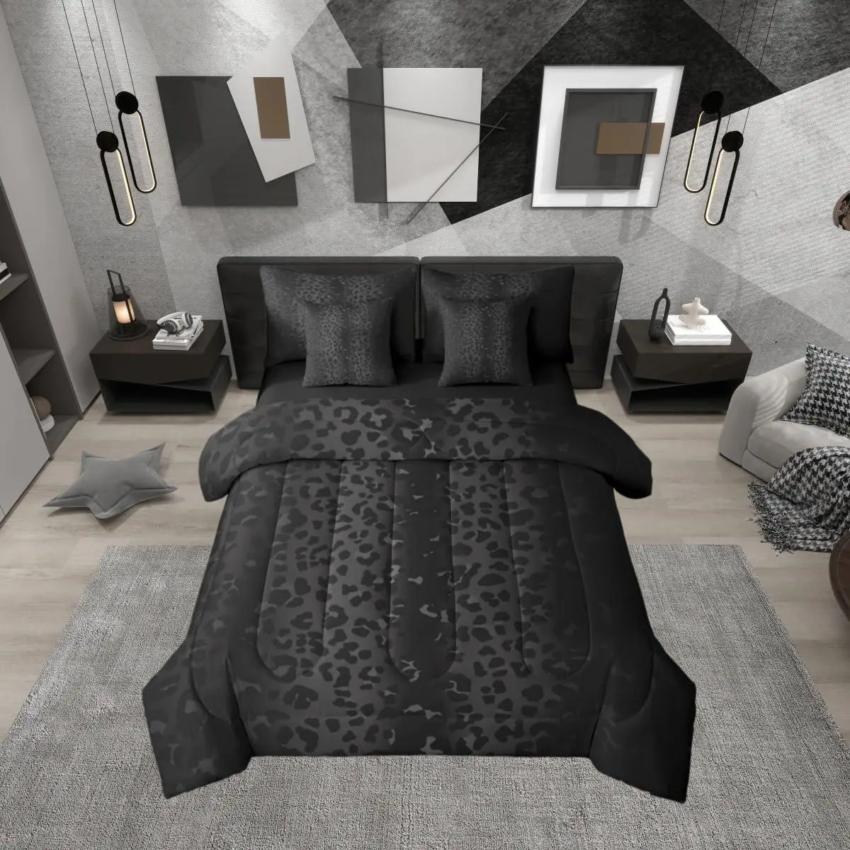 Feelyou Ombre Black Grey Leopard Print 7-Piece Microfiber Bedding Set - Queen Quilt Bed Comforter with Cheetah Fur for Adults, Ideal for Bedroom Use, Bed Comforter Set