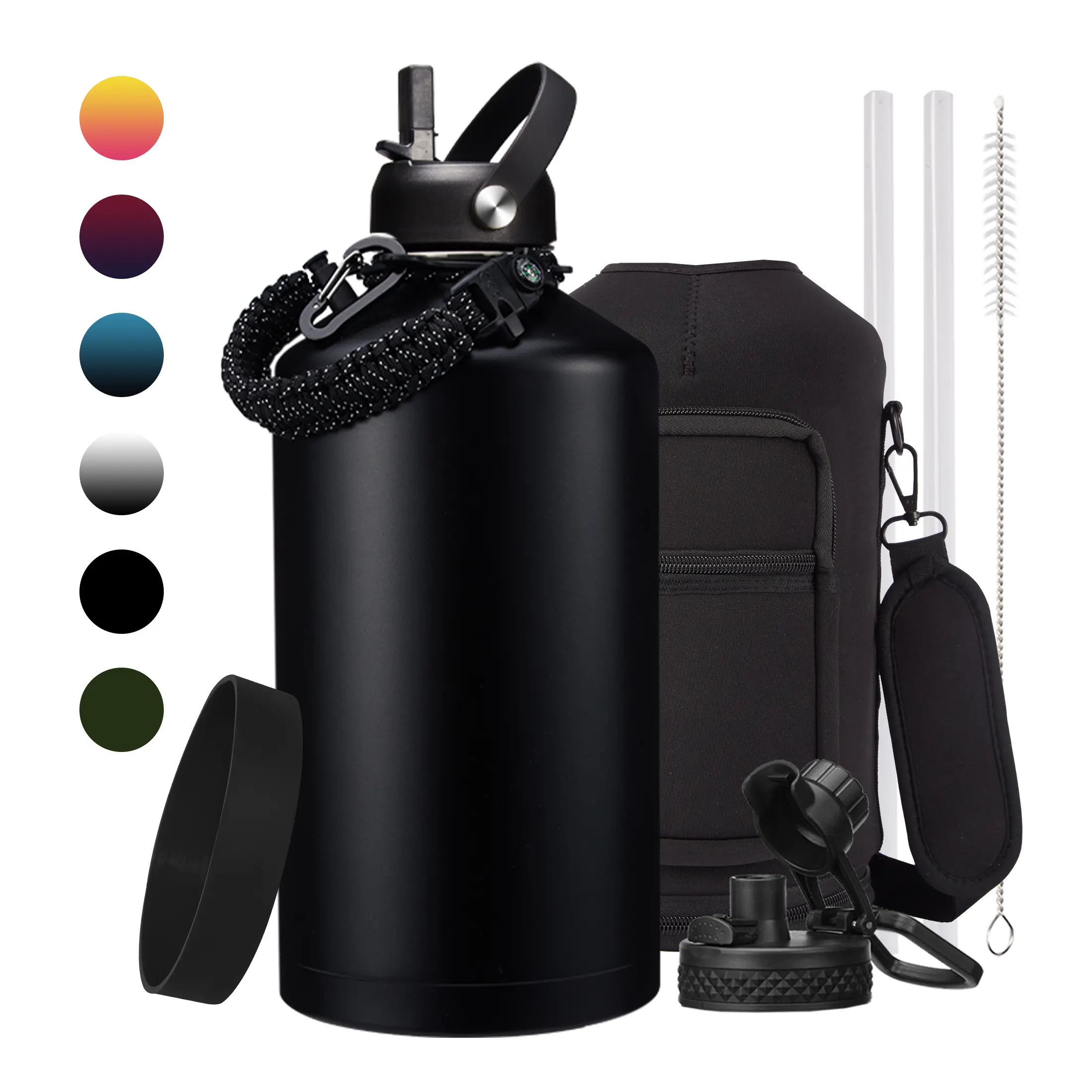 Sports Insulated Stainless Steel Water Bottle (32/40/64/87/128oz) - Metal Gallon Flask with Straw & Spout Lids, Paracord Handle, Carrier Bag with Strap, Protective Cup Mat, Keeps Cold 48H & Hot 12H