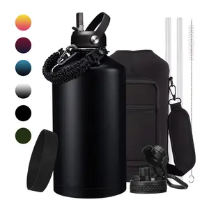 Metal Gallon Water Flask 128oz - Insulated Water Bottle 32/40/64/87/128oz Stainless Steel Water Bottles with Straw & Spout Lids, Paracord Handle, Carrier Bag with Strap, Protective Cup Mat, Keep Cold-48H & Hot-12H