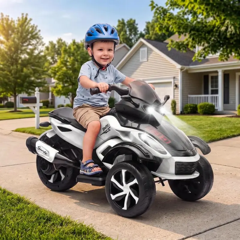 【Black Friday】Garvee Kids 12V Rechargeable ATV-Style Electric Ride-On Car (Ride on Wheels), Dual 45W Motors, 3-Wheel Stability, Foot Pedal, 4MPH Max Speed, Music & Horn Play, Colorful Lights, 66 lbs Capacity, Gravel & Sand Grip, Outdoor Toy for 3-6 Years
