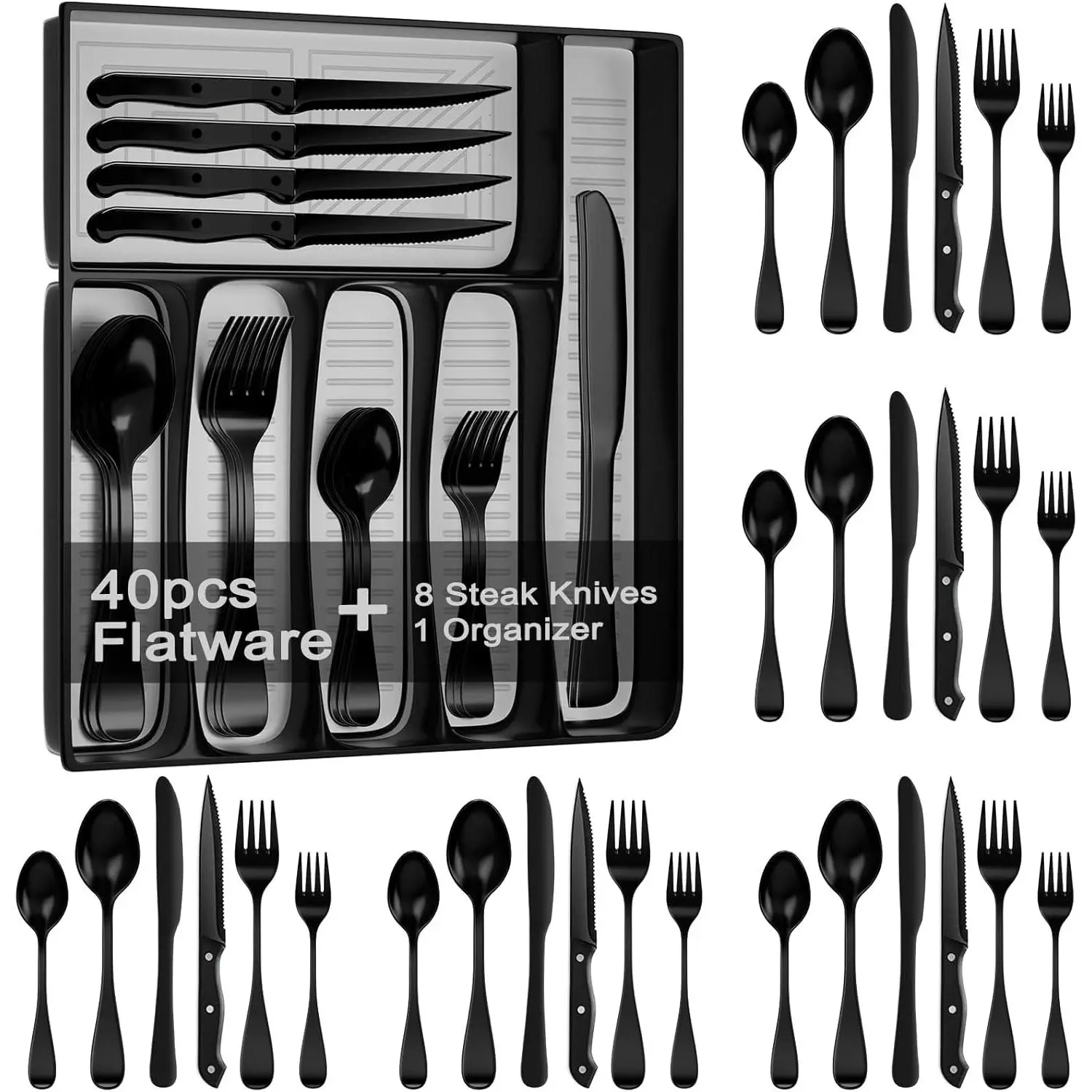 49-Piece Black Stainless Steel Cutlery Set with Drawer Organizer - Modern, Corrosion-Resistant, Scratch-Free Assorted Dinnerware Service Set for 8, Matte Steak Knives, Forks, Spoons, Dishwasher-Safe Kitchen Utensils, Modern Tableware Sets