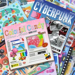 Retro & Future Sticker Book – 30 Sheets, Cyberpunk & Dreamcore Aesthetic, 125×125mm Border-Free Cut Stickers with Glitter, Glossy & Matte Finishes