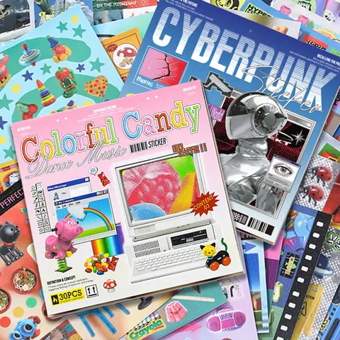 Retro & Future Sticker Book – 30 Sheets Cyberpunk Y2K & Dreamcore Anime, 90s/2000s Aesthetic Futuristic Cut-Out Stickers with Glitter, Glossy & Matte Finishes Vintage Marker Sticky Back Photo