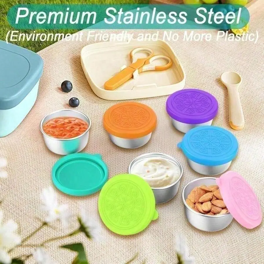 6 pack leak proof sauce cups made of stainless steel featuring one touch lock with silicone sealed lid portable dipping containers perfect for bento box picnic travel and healthy meal prep storage