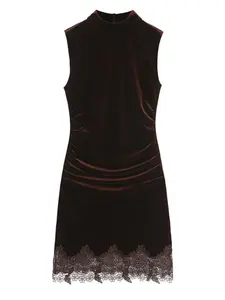 Elegant Women's Half High Neck Velvet Texture High Waist Ruched Back Zipper Closure Solid Color Lace Hem Party Dress