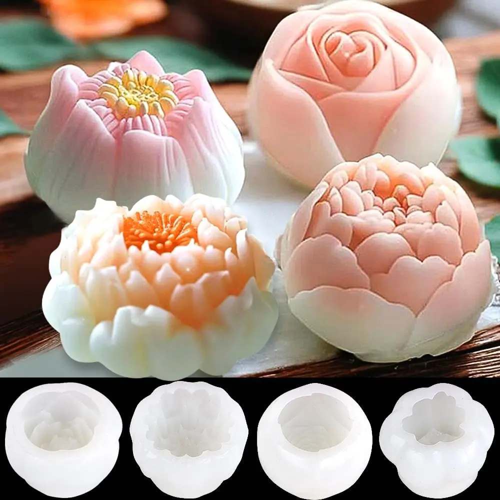 4-Flower Set Reusable Silicone Molds - Rose, Lotus, Peony Designs - Candy Molds Silicone for Adults' Cake Decor, Chocolate Making, Mother’s Day Candle Accessories, Reusable Mold