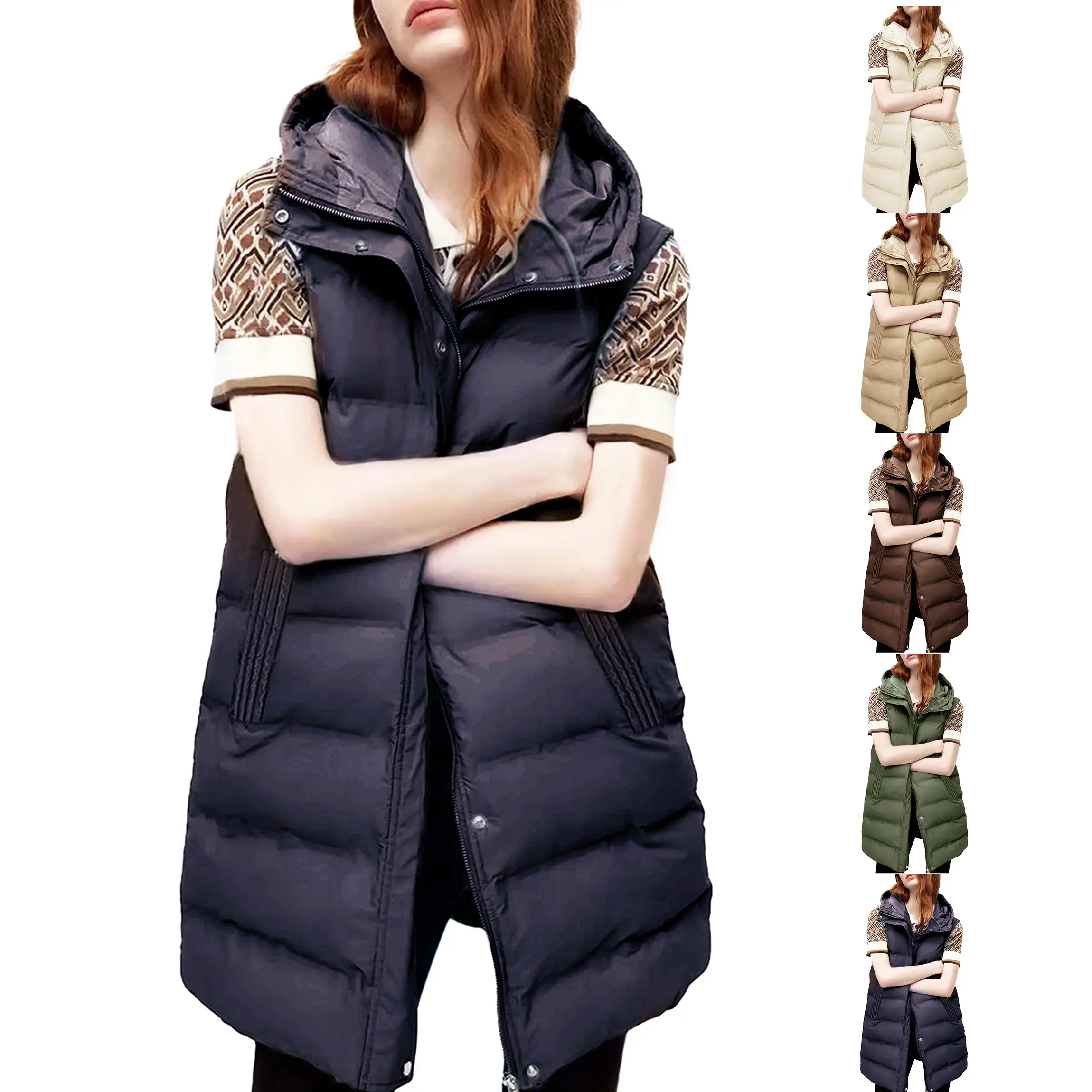Buenoble Women's Long Puffer Vest with Removable Hood Winter Fashion Lightweight Quilted Padded Gilet Puffy Vest Sleeveless Coat Outerwear