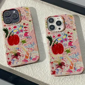 A Pink Apple Butterfly Painting Hard Shell Phone Case, Suitable for iPhone 17 Air/16 Plus/15 Pro Max/14 Pro/13/12/11/XS Max/X Phone Case, Ideal Gift for Family, Friends, Lovers, Girlfriends on Holidays FLSBMS02