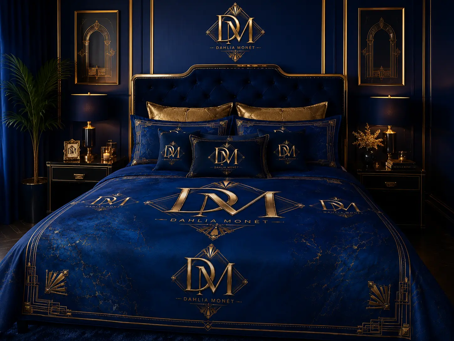 Dahlia Monèt Signature Monogram Bed Set – Luxury Navy & Gold Cotton Bedding