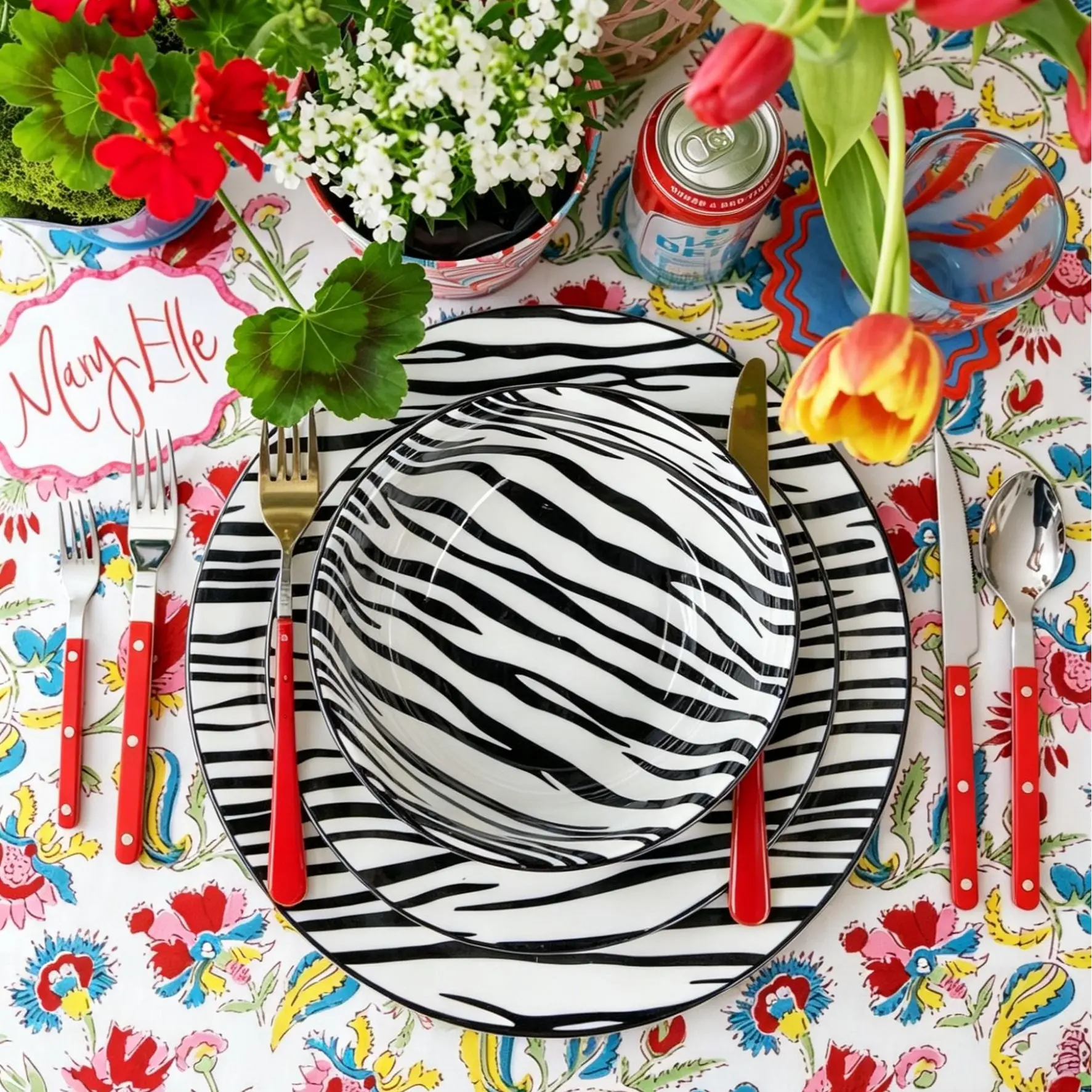 Cerelith 12 Piece Zebra Noir Bold Dinnerware Sets For 4, Plates and Bowls Sets