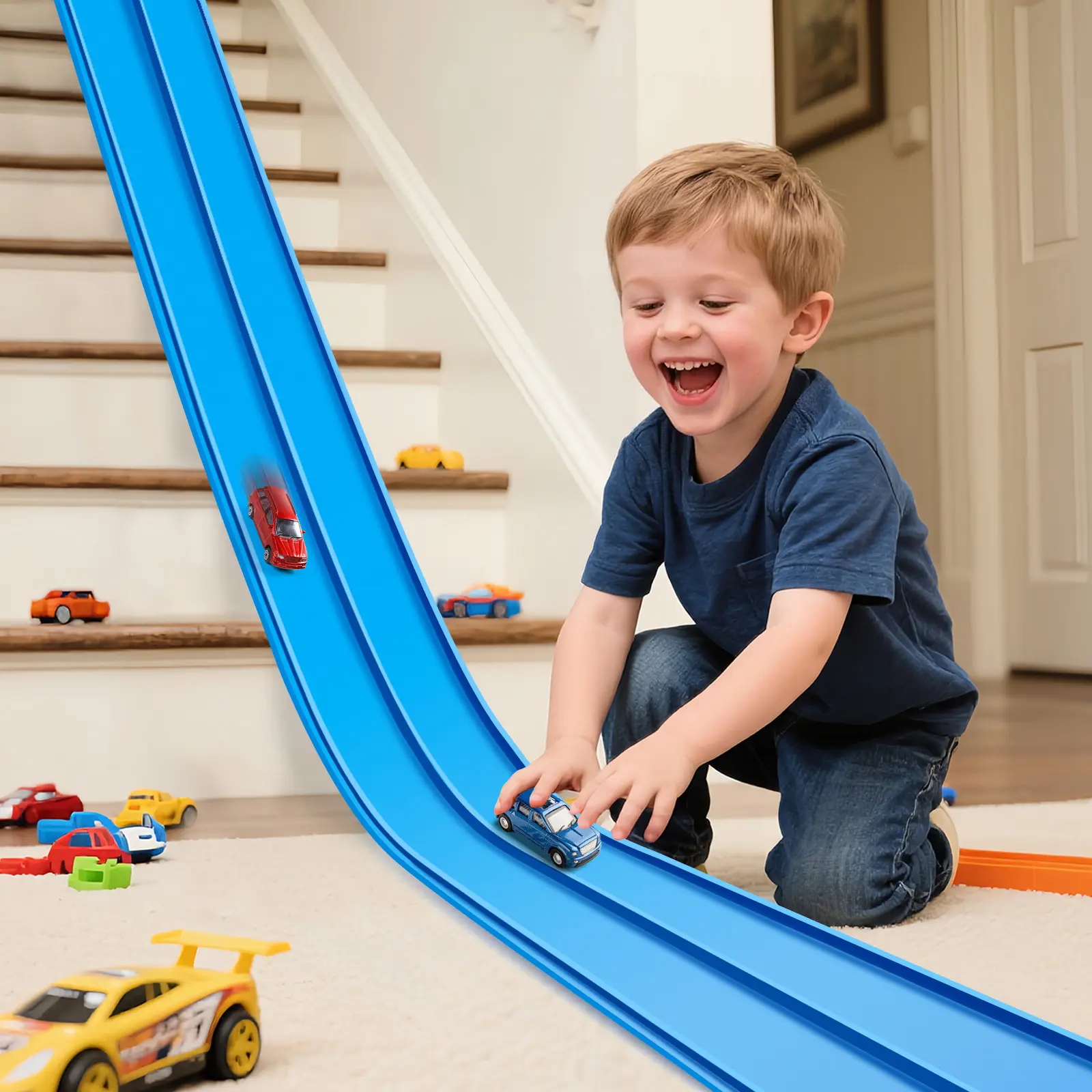 Deals For You Days Flex Tracks 15 Ft Starter Set Flexible Race Track for Kids 3+, Race Car Ramp Track Compatible with Wheels and Diecast 1/64th Cars, Portable Rolls Up Race Tracks with Strong Suction Cups, Birthday Christmas Gifts for Kids