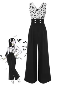 RETRO STAGE 1930s Halloween Bat Patchwork Jumpsuit Black Sleeveless Fitted Maxi Jumpsuit Womenswear Basic Minimalist Style Fashion Outfits Elegant High-Waisted Wide-Leg Design Clothes Overalls Light Button Chic Polyester Print Vintage
