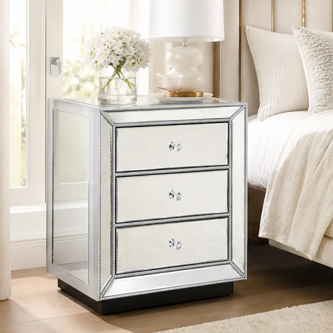 ARCH Modern 3-Drawer Rectangle Storage Drawer Chest Organizer - ARCH Silver, Bead Mirror Finish, MDF-Glass, 16Wx21.6Dx26H in, 58.00 lb, Crystal Handles, Assembly Required, Decorative Cabinet, Home Storage Cabinet for Bedroom, Living Room, Modern Storage D