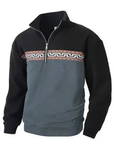Ethnic style fall outfits men 's Fitted half-zipper stand-up collar long-sleeved hoodie, autumn and winter color-blocking polar fleece top, casual and warm retro trendy pullover, easily switch between daily casual, home and outdoor scenes, Menswear