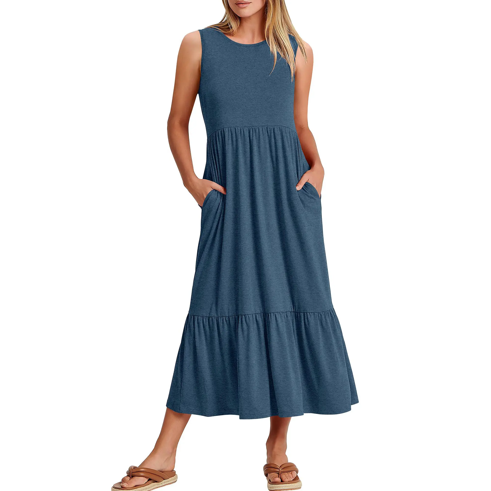 ANRABESS Women's Spring Casual Sleeveless Crewneck Swing Sundress Fit & Flare Flowy Maxi Dress with Pockets Beach Vacation Going Outfits Summer Dress