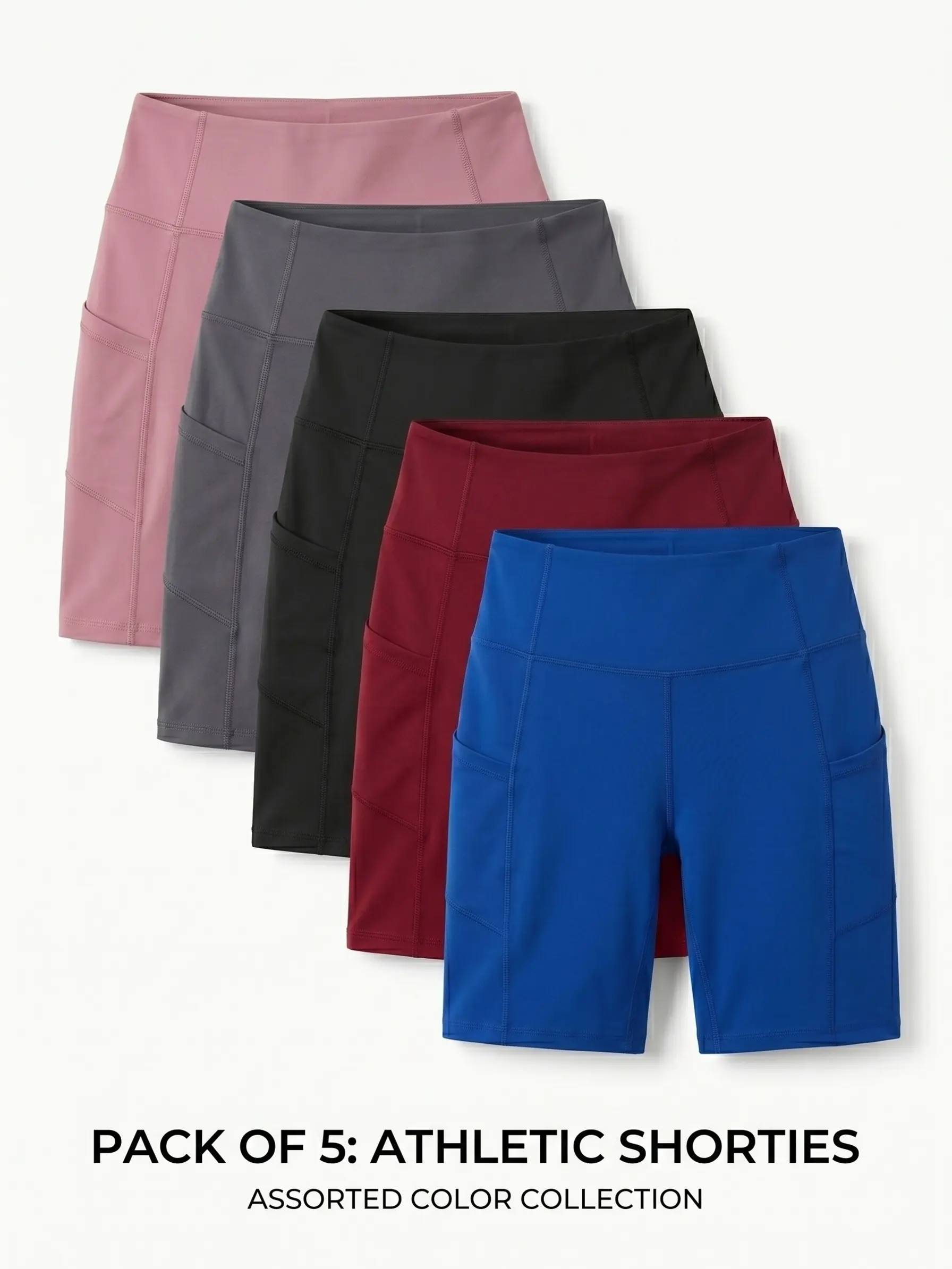 5pcs Women's Elasticated Yoga Shorts with Pockets, High-waisted for Abdominal Support, Suitable for Exercise, Running And Cycling, Sweat-absorbing Elasticated Cycling Pants, Training And Running