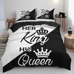 3-Piece Patchwork King Queen Word Pattern Print Bedding Set, Soft Cotton Polyester Fabric, Includes 1 Fitted Sheet + 2 Pillowcases Bed Sheet Sets