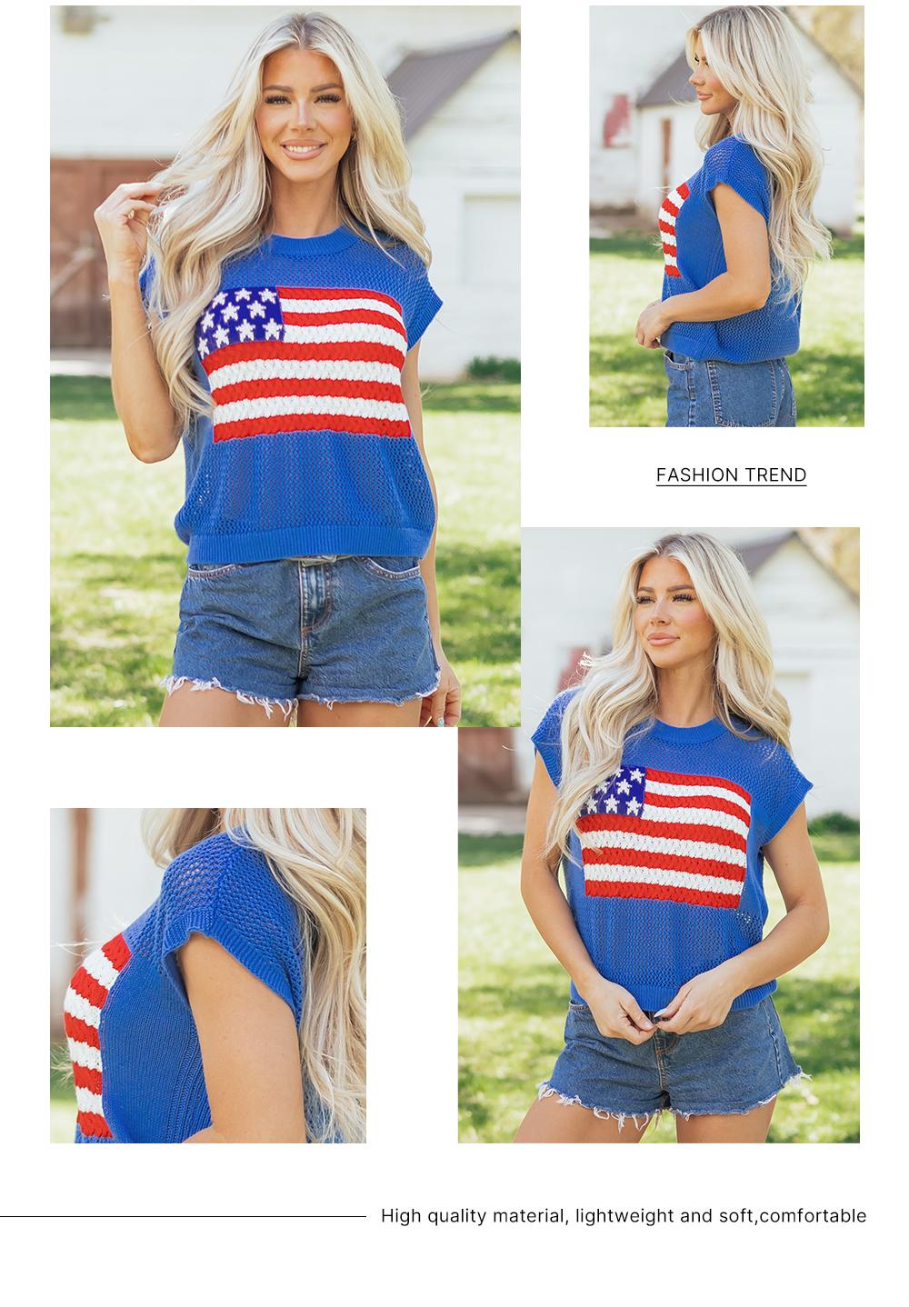 Asvivid Women's Crochet Flag Sweater Graphic Sleeved Sweaters Knit Top Womenswear Casual Crewneck Tshirt Loose Summer Clothes Fashion Tops