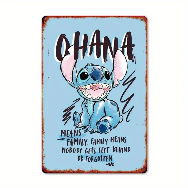 Disney Classic Stitch-Inspired "Ohana" Retro Print Waterproof Tin Sign, Home Decor Wall Plaque, Family-Themed Rectangle Art for Living Room, Ideal Gift