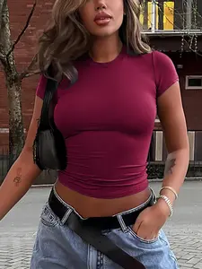 Women's Plain Round Neck Crop Tee, Casual Crew Neck Short Sleeve T-shirt, Lady's Top for Summer Daily Wear, Casual Fashionable Top