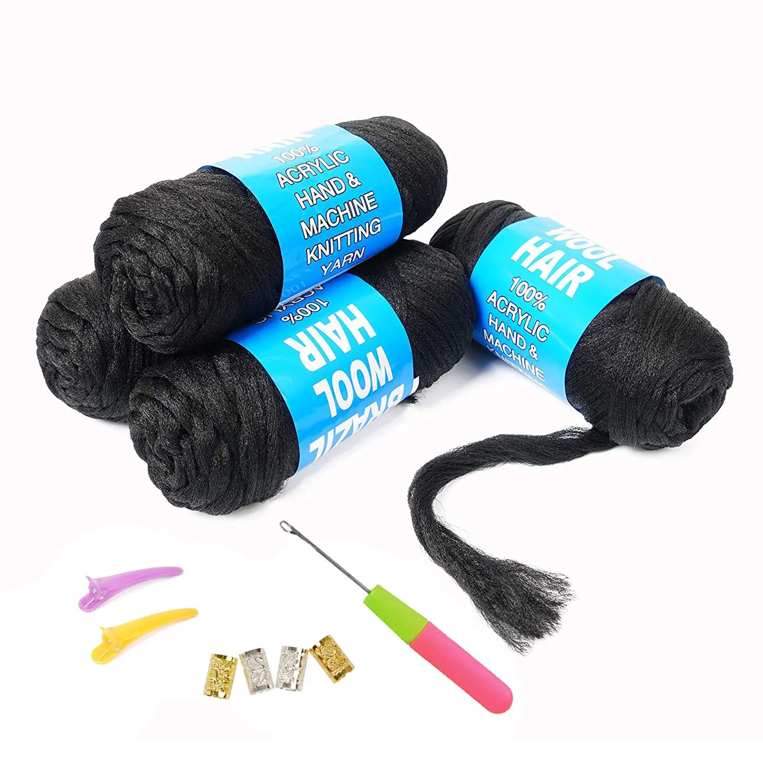 Brazilian  Hair  Yarn for  Braids/Senegalese Twist/Faux /Wraps with Crochet Hook(4 Roll,  Black)