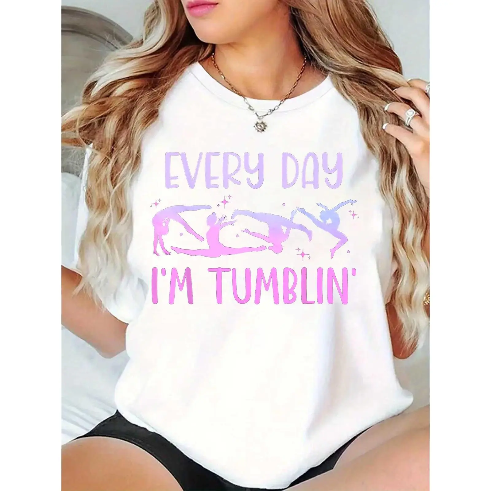 Women's Fit Comfortable 100% Cotton Casual Round Neck Gymnastics T-Shirt - Colorful Gymnast Silhouettes, Stars, "Every Day I'm Tumblin'" Text - Ideal for Gymnastics Practice, Daily Wear - For Teens & Gymnastics Lovers