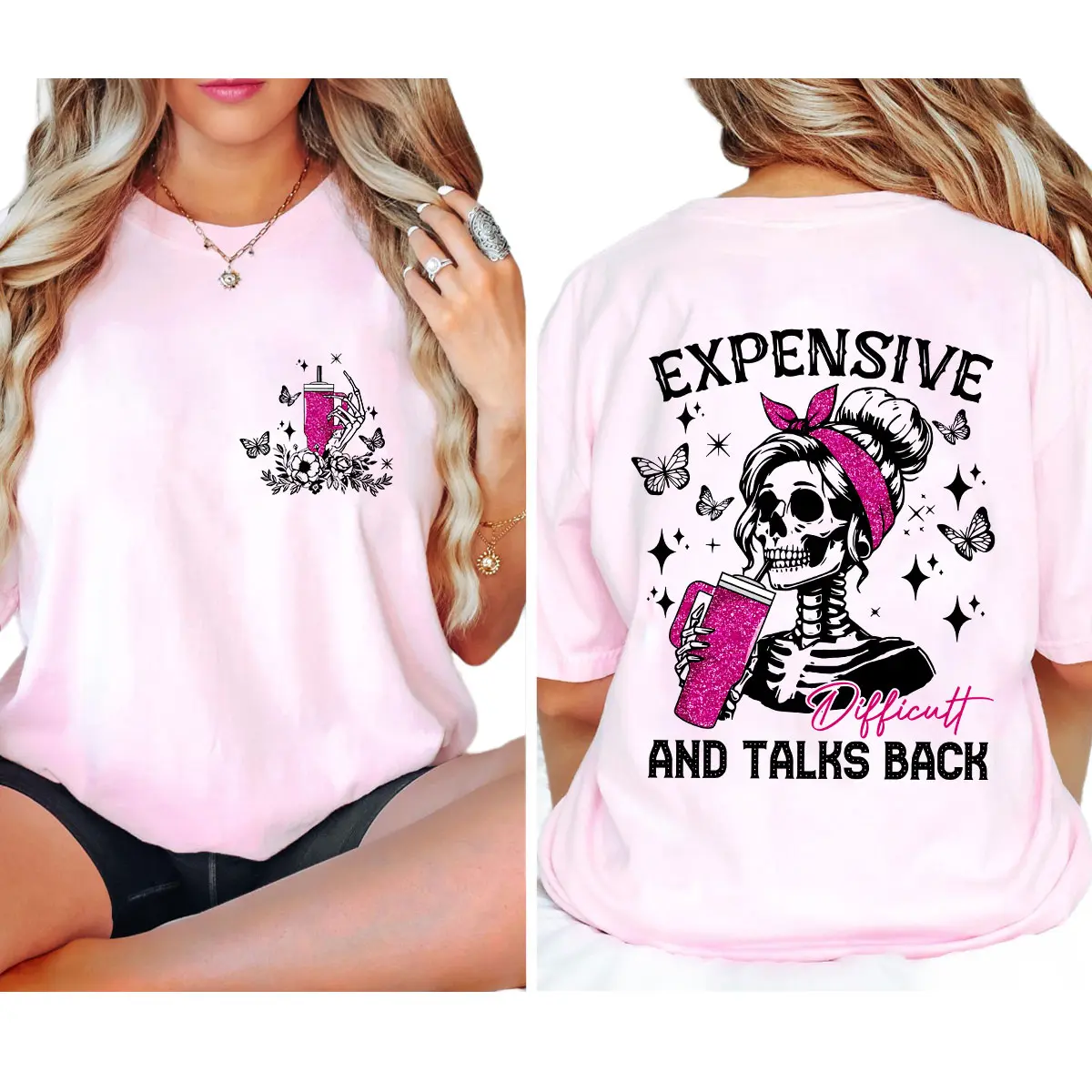 Women's Classic Sassy Skeleton Girl Graphic Casual Cotton Tee - Crew Neck, Digital Print Gothic Humor Bold Statement, "Expensive, Difficult and Talks Back" Design, Glitter Cup Accent, All Seasons Gift for Bold Women, Christmas/Easter Option, Do Not Bleach