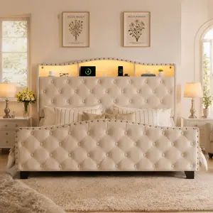 [SummerWins]Belffin Queen/King Velvet Upholstered Bed Frame with LED Lights & Charging Station – Wingback Headboard, Storage Footboard, No Box Spring Needed, Noise-Free, Beige Fathersdaygift