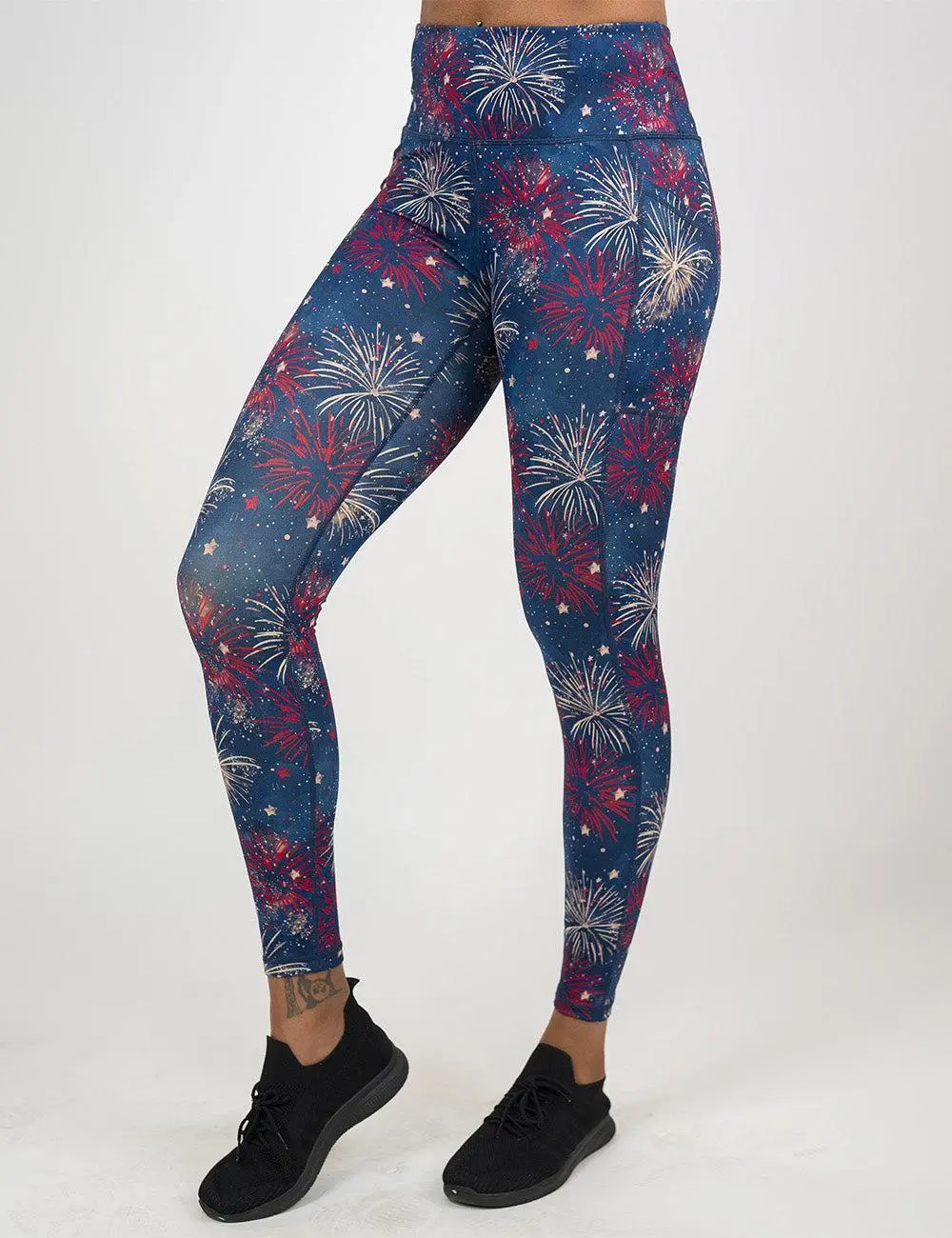 C V G Grand Finale Women's Patriotic Fireworks Traditional Patterned Leggings - Squat-Proof Polyester Spandex Fabric, Compression, Pockets, Athletic Fitted Workout Bottoms Blue Red, Athletic Fitted Leggings