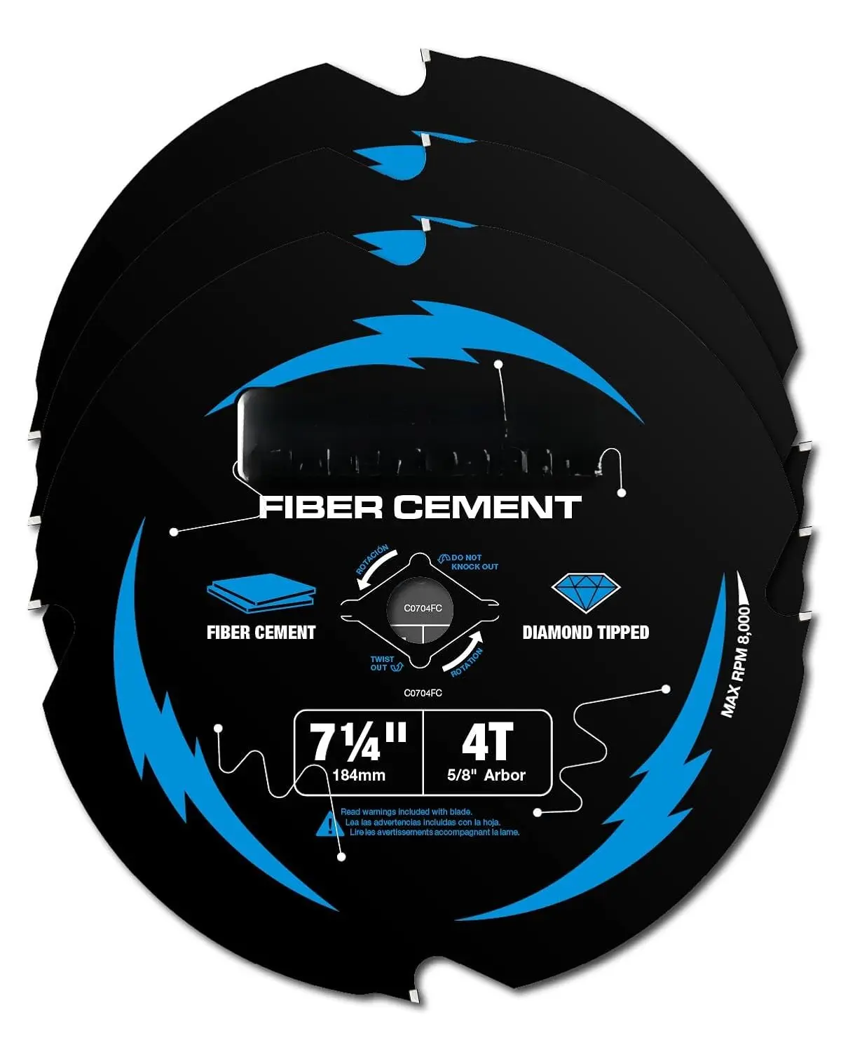 7-1/4 Inch 4-Tooth Hardie Fiber Cement Circular Saw Blade, 5/8 Inch Arbor, Polycrystalline Tipped (PCD), 1.8mm Thin Kerf, Black Ice Coating, 75x PCD Life, for Fiber Cement Cut & Quieter Cuts, 3-Pack (C0704FC-3)