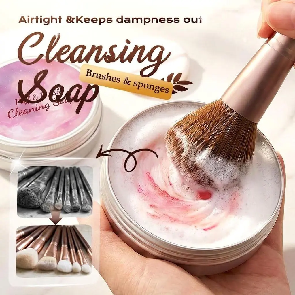 Cruelty-Free Vegan Makeup Brush Cleaner Bar with Silicone Pad - 100g/3.53oz Easy Rinse Foam Cleansing Soap, Aluminium Storage, Deep Cleaning for Eyeshadow, Foundation Tools & Sponges, Waterproof Cosmetic Remover, Ideal Gift