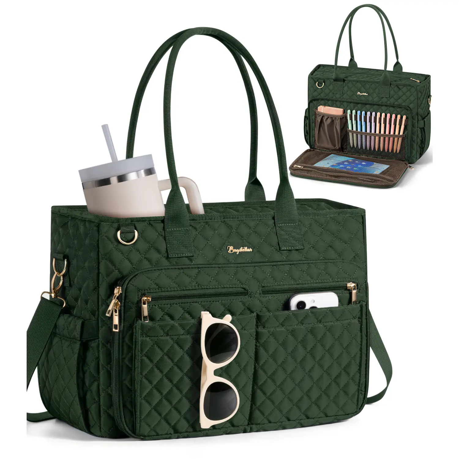 Bagstellar Teacher Tote Bag for Women,15.6 inch Laptop Work Bag with Large Cup Holder&Insulated Pocket, Waterproof Quilted Utility Travel Bag,Shoulder Crossbody Handbag for Mom Wife Teacher Nurse Bible,Daily,School