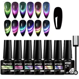 9D Cat Eye Gel Based Gel Nail Polish Set, 6 Counts Glitter Soak Off UV LED Gel Nail Varnish & 1 Count Base Gel & 1 Count Magnetic Stick, Diy French Manicure, DIY Nail Art Supplies for Women