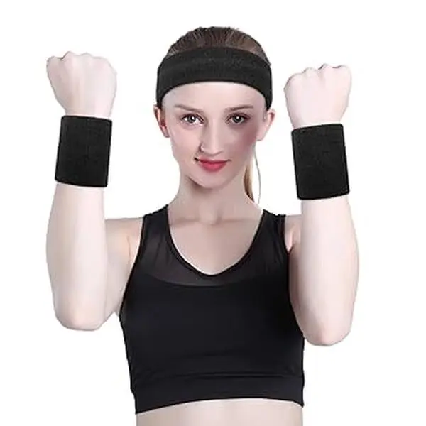 Sweatband Set Sports Headband Wristband Set Sweatbands Terry Cloth Wristband Wrist Sweatband Headbands Moisture Wicking Sweat Absorbing Head Band