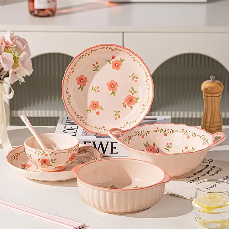 8-piece set of ceramic tableware, Dinnerware service set, with peach blossom pattern, including cereal bowl, noodle bowl, double ear salad bowl, serving plate, can hold fruit salad and other delicacies, microwave and dishwasher safe