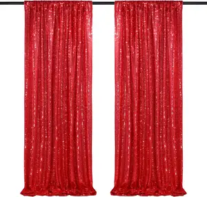 Red Sequin Backdrop 2 Panels 2FTx8FT Christmas Party Backdrop Curtains Glitter Photo Background Wedding Stage Decorations