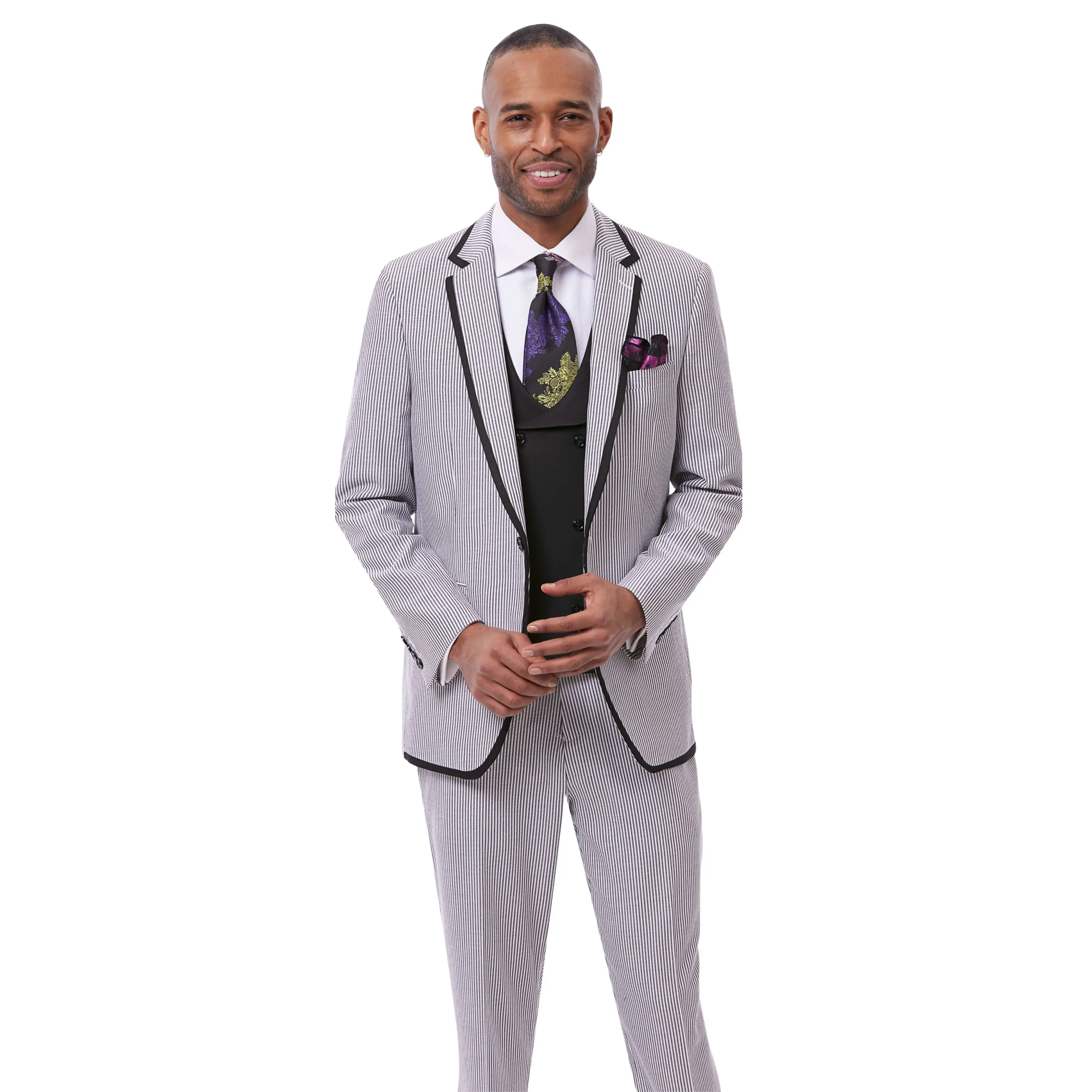 Men’s Seersucker 3-Piece Suit with Contrast Trim and Vest - Black