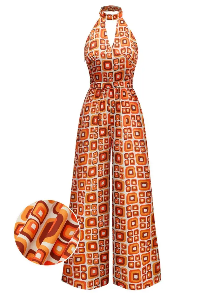 RETRO STAGE Stylish Women's Wear 1960s Casual Fitted Jumpsuit - Mandarin Collar, Sleeveless, Geometric Print Polyester, Ankle-Length Bohemian Overalls for Summer Casual Outfits