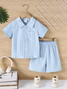 Summer Boys' Solid Color Jacquard Striped Shirt with Pocket Decorative Collar Short Sleeve + Solid Stripe Shorts Two-Piece Set Casual Set Striped Sets Toddler Outfit Summer Clothing Set