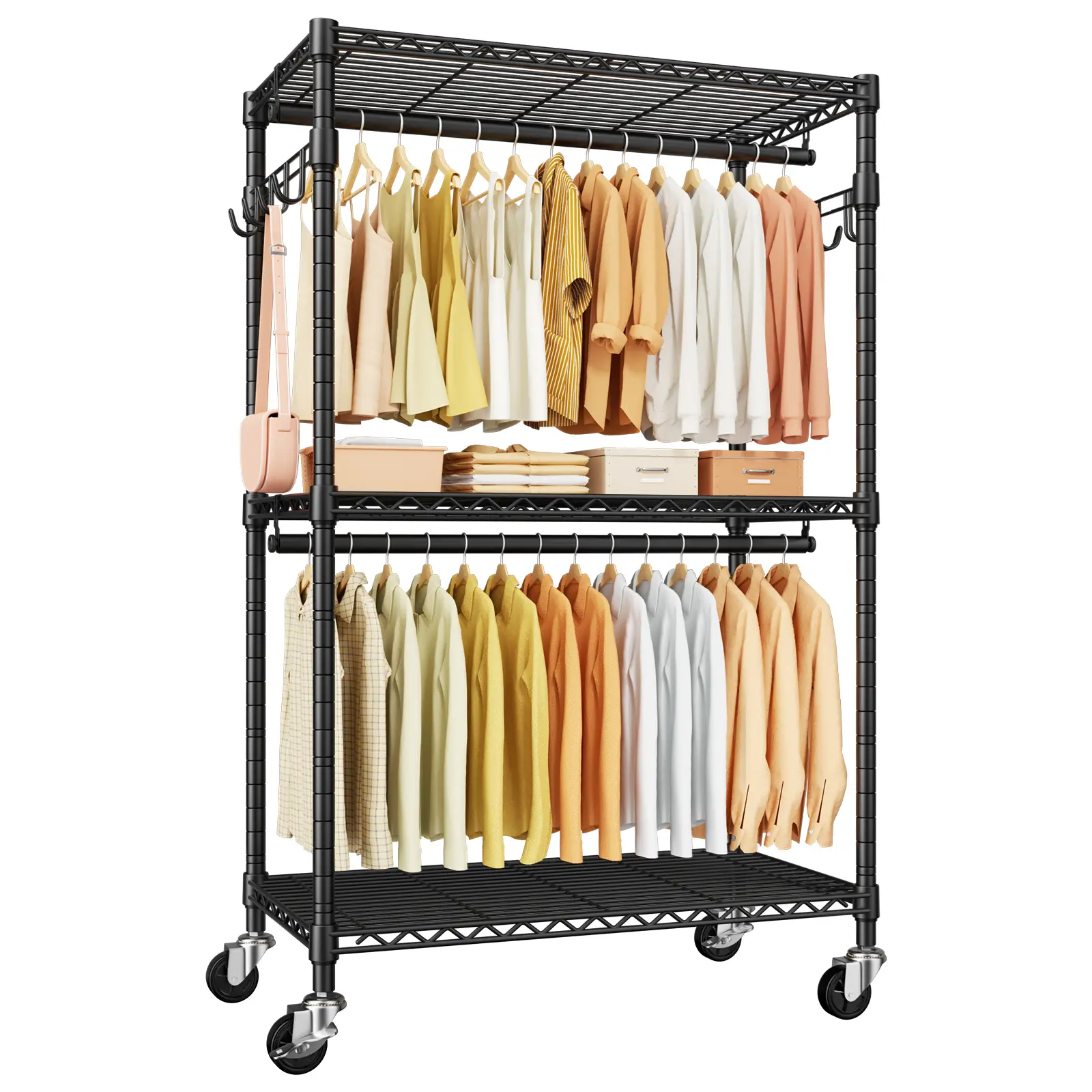 P1 Pink Pastel Unisex Heavy-Duty Rolling Metal Wardrobe Closet - 500lbs Capacity Multifunctional Wardrobe Storage Rack with Wheels, Indoor Furniture Coat Rack for Hanging Clothes Organization, Storage Furniture, Organizing