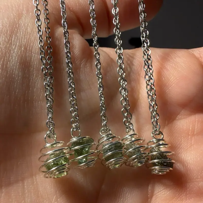 Stainless Steel Raw Moldavite Spiral Cage Necklace | Genuine Czech Moldavite | Intuitively Chosen
