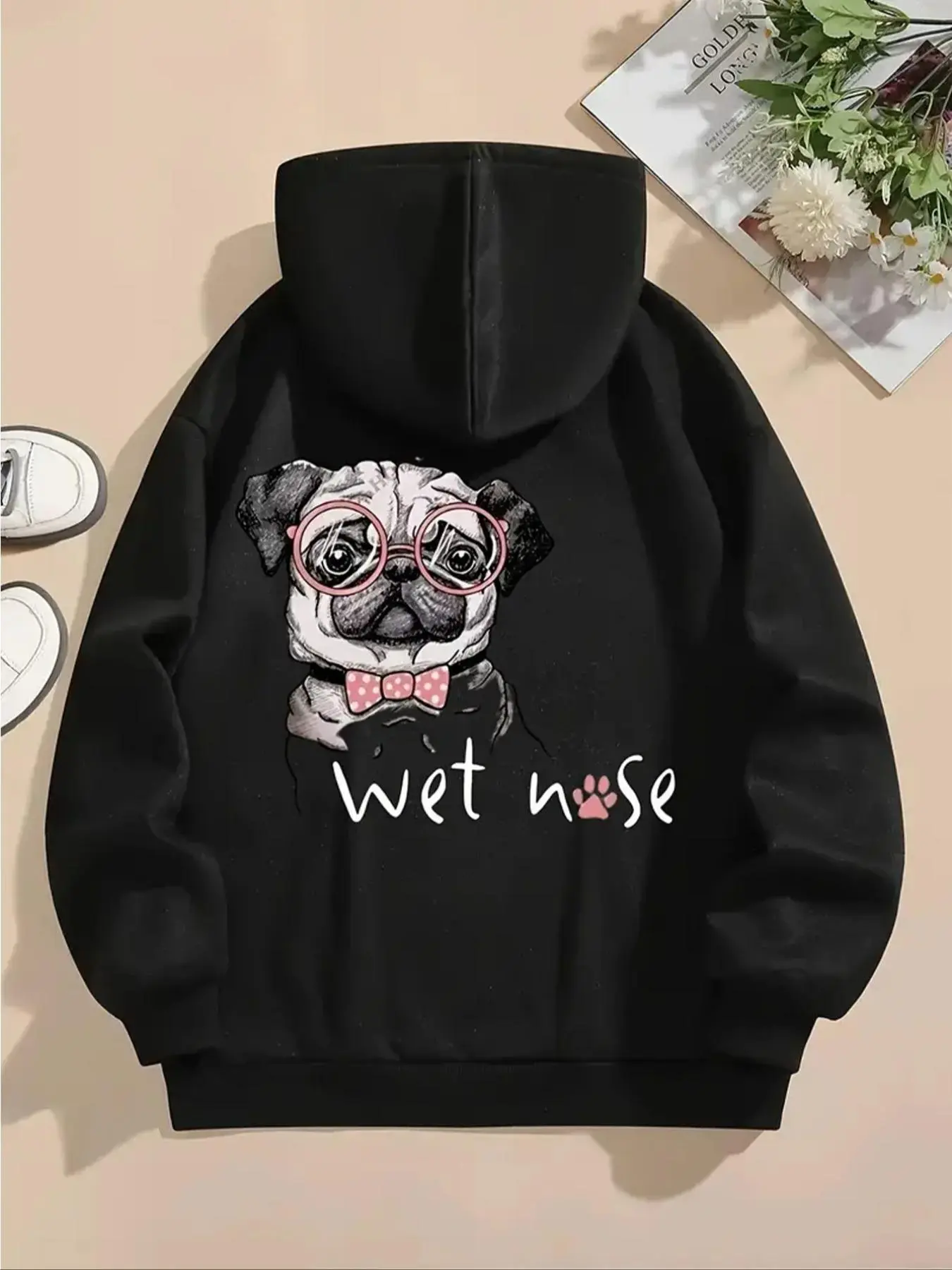 【Plus Size】 Letter & Pug Dog Print Drop Shoulder Hoodie, Fashion Casual Drawstring Pocket Hooded Sweatshirt for Daily Holiday Outdoor Wear, Women Clothing for Fall & Winter