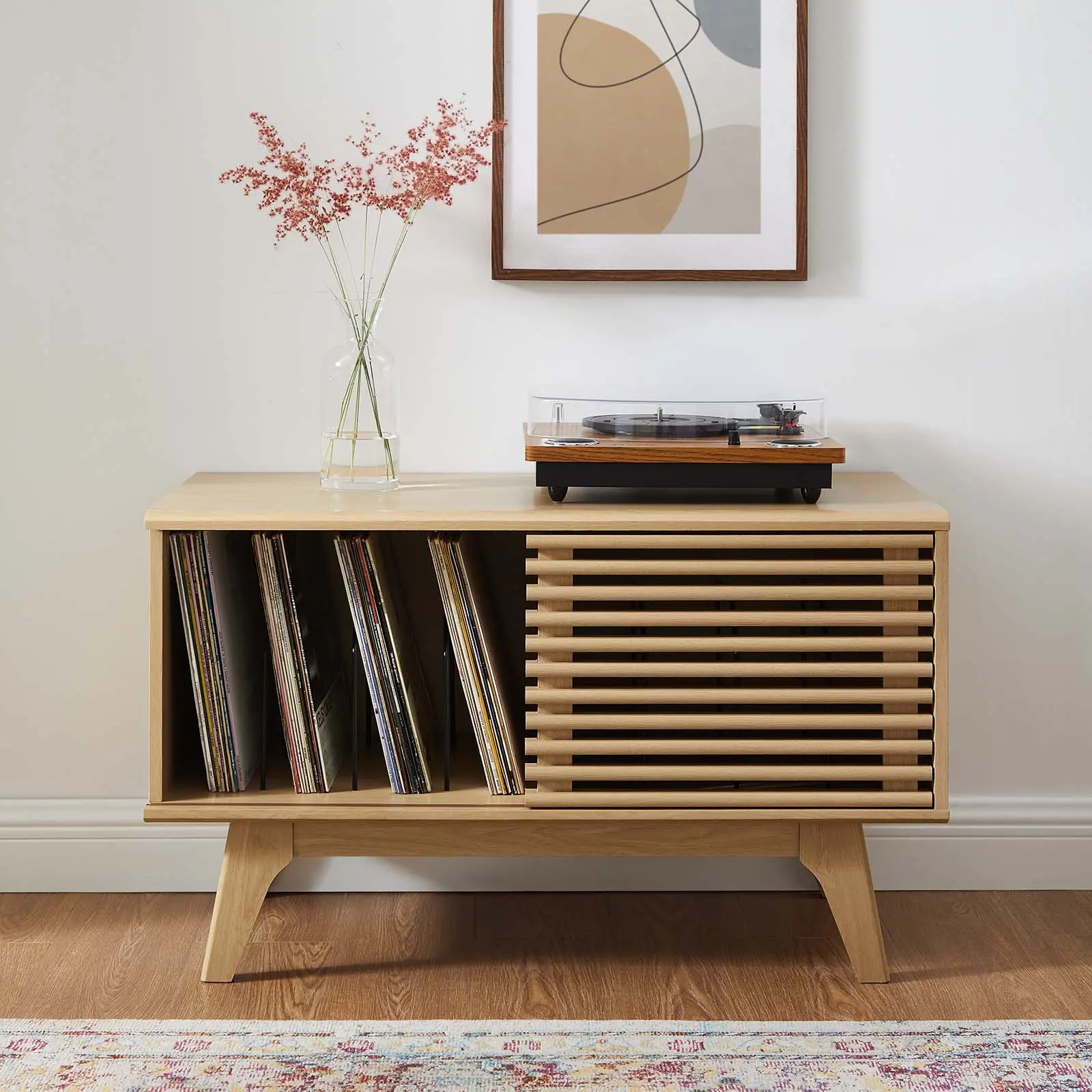 Modway Render Wood-Metal Standing Vinyl Record Display Stand, Oak Indoor Furniture Cabinet