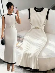 Women's Sleeveless Ribbed Knit Midi Dress With Belt | Chic Casual Wear | Elegant Summer Fashion | Slim Fit